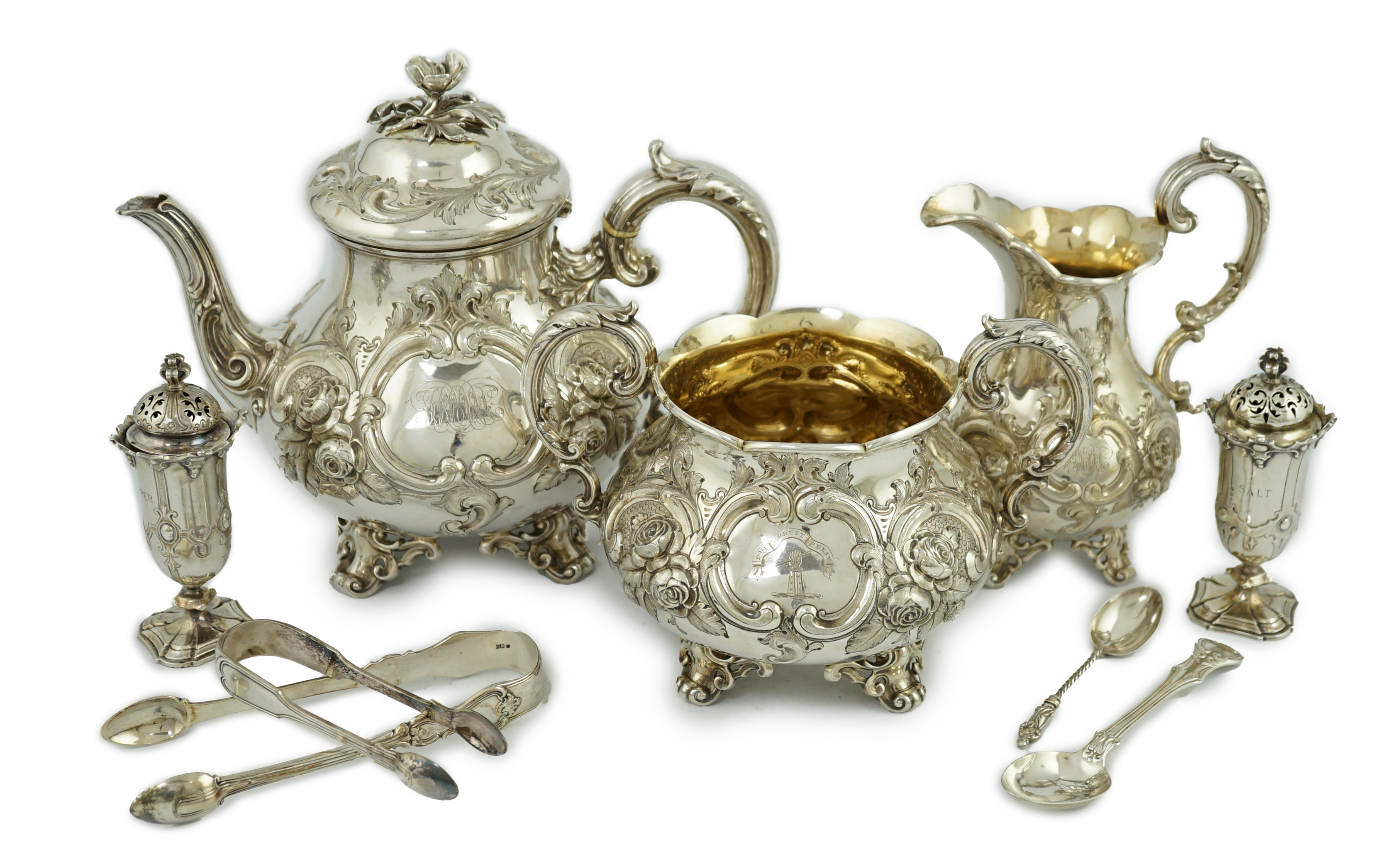 A Victorian silver pyriform three piece tea set and pair of muffineers, by Edward & John Barnard, CITES Submission reference 8C9PCV1L